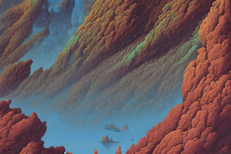 Prompt: beautiful rendered in zbrush ancient painting of a beatiful scenic mountain range surrounded by holographic Myrtle squares, retro tech, vaporwave, by Jean Giraud and Zdzisław Beksiński and Chesley Bonestell and James Gurney, Mc Escher,