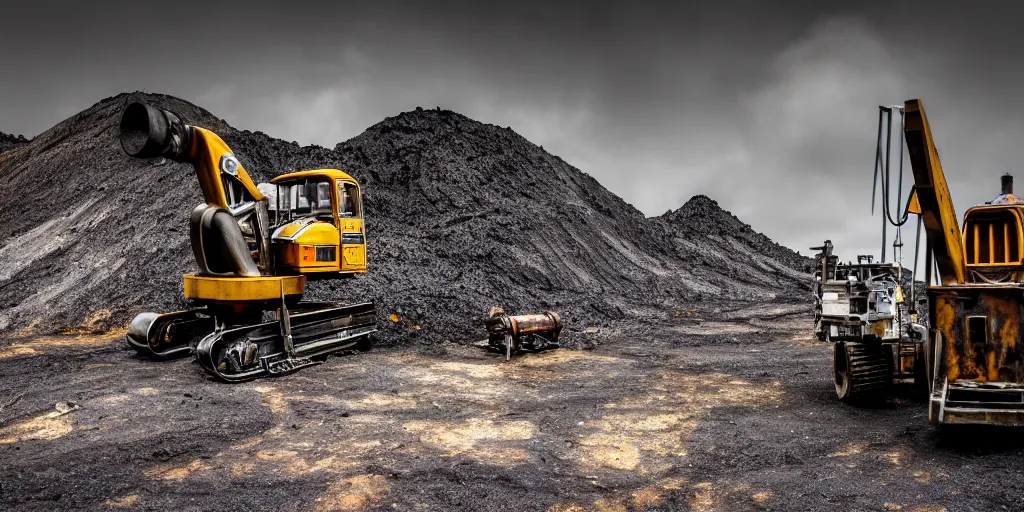 Image similar to a chrome drilling machine visiting the asphalt mines, retro - futuristic, science - fantasy, hills, abandoned, ancient tribe, deep shafts, rusted, black oil, lava, lgbt, queer, rpg, epic, dungeons & dragons, sacred, sharp focus, award - winning, extremely detailed, 4 k, 8 k