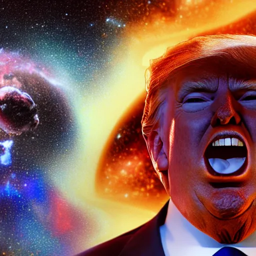 Image similar to Donald Trump, angry, swallowing a whole galaxy, 4k, highly detailed, macabre, ominous