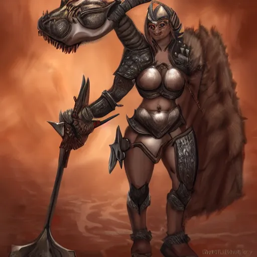 Image similar to fantasy concept art, armored female Minotaur, brown fur with white spots