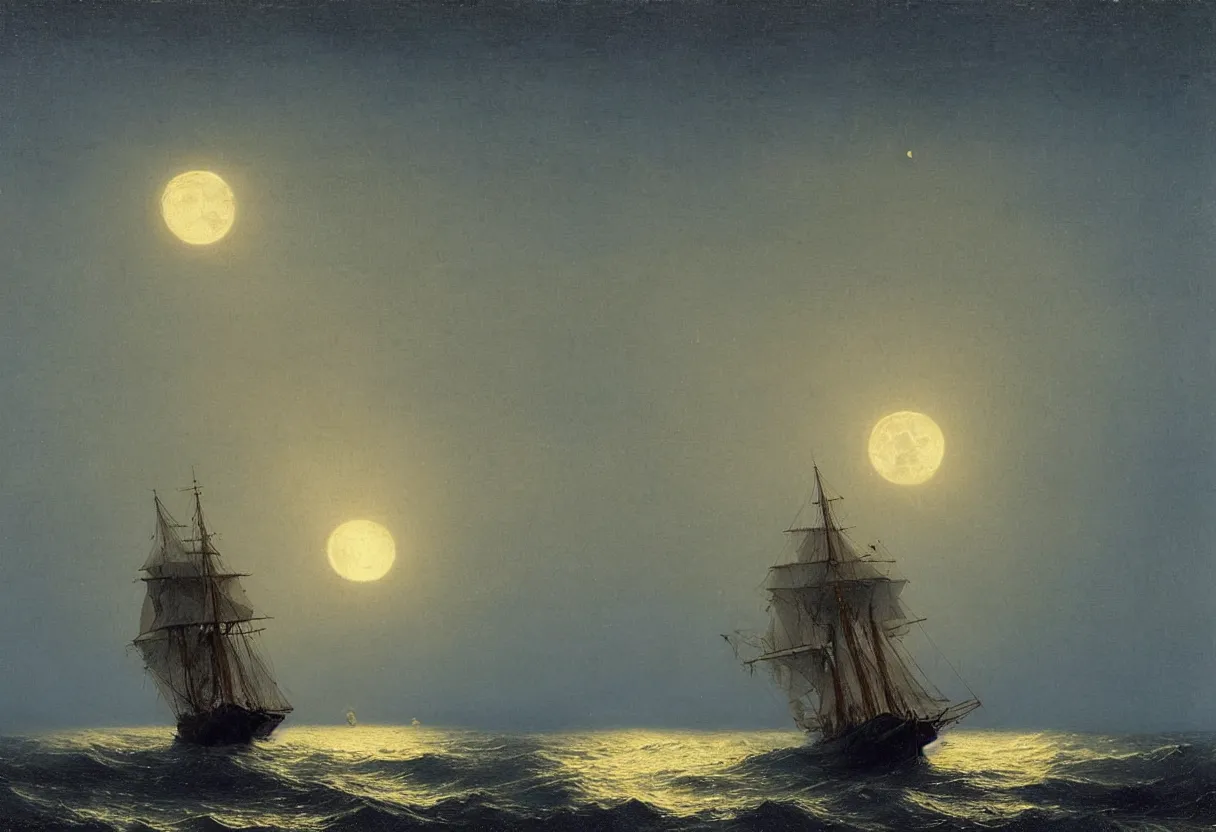 Prompt: A 16th century schooner sailing the ocean alone at night with the moon in thebackground by ivan aivazovsky