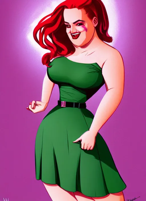 Image similar to full body portrait of teenage cheryl blossom, obese, bangs, green eyes, sultry, realistic, red hair, sultry smirk, wavy hair, pink skirt, fat, intricate, elegant, glowing lights, highly detailed, digital painting, artstation, concept art, smooth, sharp focus, illustration, art by wlop, mars ravelo and greg rutkowski