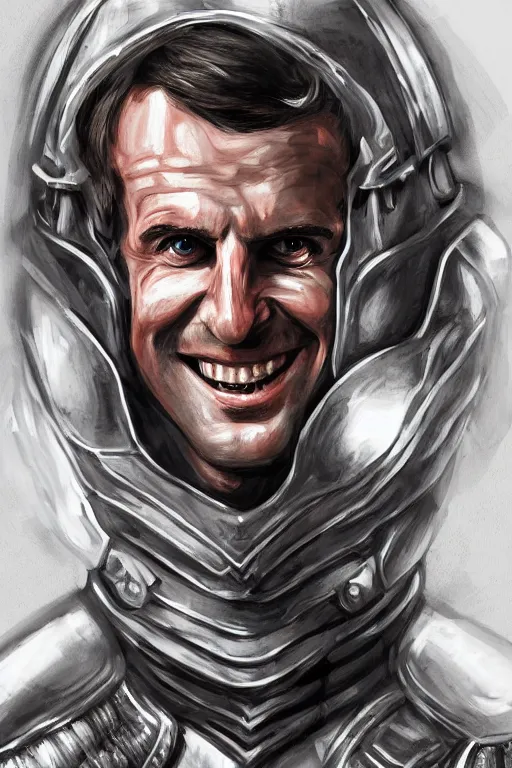 Image similar to emmanuel macron smiling while wearing armour, highly detailed, digital art, sharp focus, trending on art station