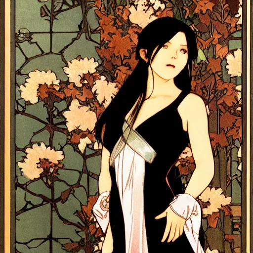 Image similar to photo of lonely young girl エウリン with straight long black hair wearing black dress that sitting on bathroom floor, model エリサヘス ・ セイモア from acquamodels. com, render by artgem and alphonse mucha for capcom co, resident evil