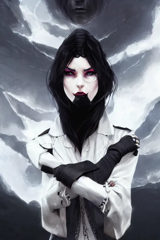 Image similar to grumpy dark haired women, ice mage, medium shot, by travis charest and ilya kuvshinov, black coat, black makeup, shooting ice, fantasy artwork, fantastic artwork, 4 k, trending on artstation