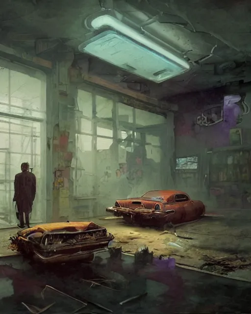 Prompt: a highly detailed epic cinematic concept art CG render digital painting artwork: old dead couple at a decayed gas station surrounded by dark figures. triadic color scheme, By Greg Rutkowski, in the style of Francis Bacon and Syd Mead and Edward Hopper and Norman Rockwell and Beksinski, open ceiling, highly detailed, painted by Francis Bacon, painted by James Gilleard, surrealism, airbrush, Ilya Kuvshinov, WLOP, Stanley Artgerm, very coherent, art by Takato Yamamoto and James Jean