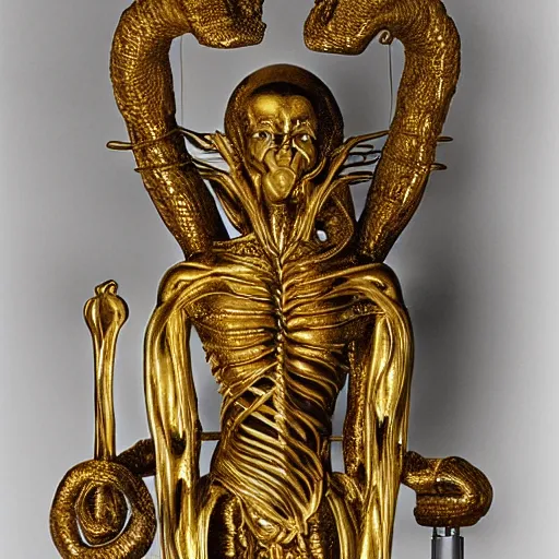 Prompt: a golden sculpture of the medical caduceus by h. r. giger