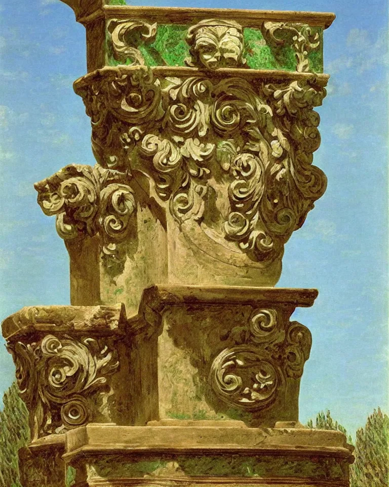 Image similar to achingly beautiful painting of intricate ancient roman corinthian capital on emerald background by rene magritte, monet, and turner. giovanni battista piranesi.