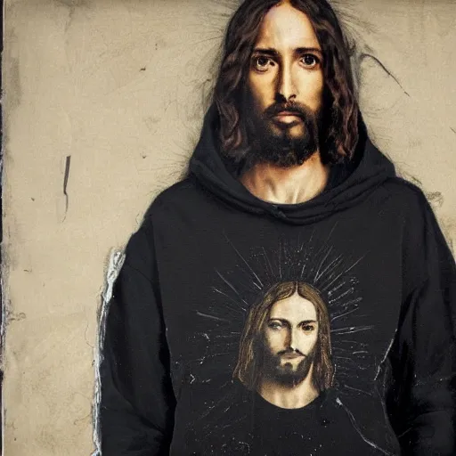 Image similar to jesus portrait wearing virgil abloh hoodie streetwear by nicola samori, off - white style