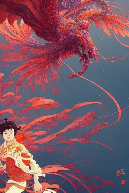 Prompt: a beautiful hyperdetailed character design 4 k wallpaper illustration of a huge reddish phoenix, victo ngai style, from china, style of studio ghibli, makoto shinkai, raphael lacoste, louis comfort tiffany, denoise, deblurring, artgerm, xision, james jean, ross tran, chinese style