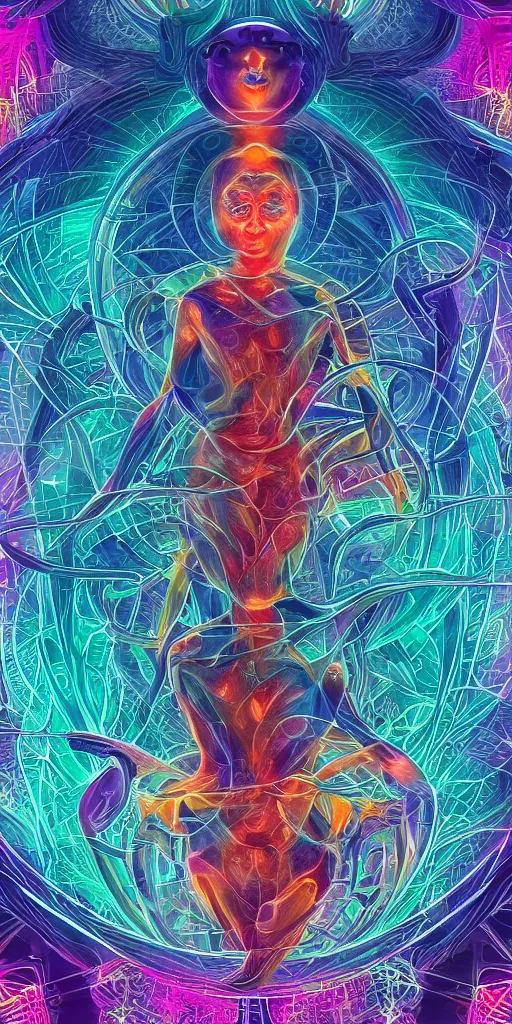 Prompt: ai transcendence into collaborative intelligence, connectedness, body, by alex grey, album cover, award winning, beautiful, colorful, volumetric lighting, trending on artstation, cinematic