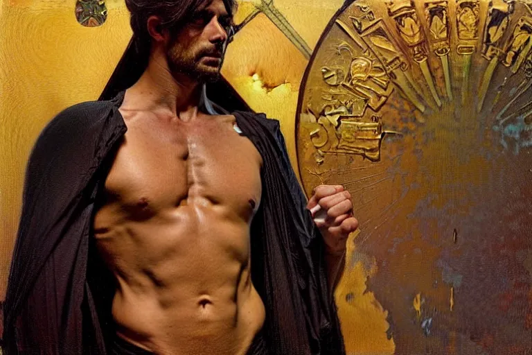 Prompt: a man wearing dark clothes and golden crown, muscular, painting by greg rutkowski and alphonse mucha