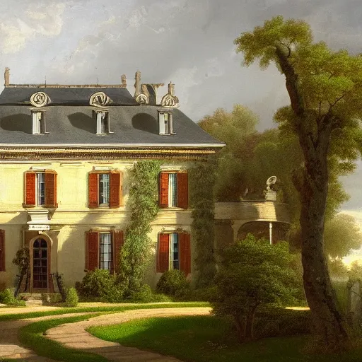 Image similar to a large serene beautiful matte painting of a delapitaded quaint french country mansion covered in vines, by asher brown durand and george ault featured on artstation,