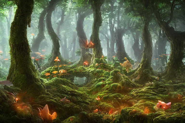 Image similar to fairy kingdom forest, miyazaki, nausicaa, ambient lighting, concept art, intricate, hyper detailed, smooth, dynamic volumetric lighting, octane, cinematic, high quality, high resolution, 4 k, cgsociety, rutkowski, gurney