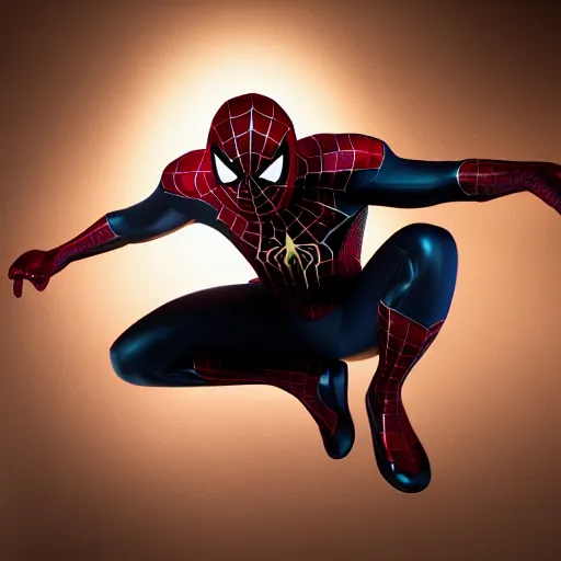 Image similar to gold spider - man suit with black web lining, cinematic, volumetric lighting, realistic, hyperdetailed, photorealistic, photograph