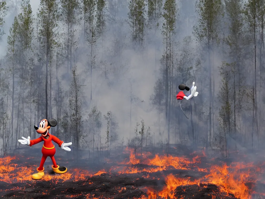 Prompt: disney's goofy trying to put out a wildfire somewhere in southern finland, smoky, ashes