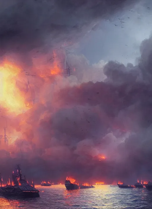 Prompt: painting of an armada of ships burning in heavy flames in the middle of the ocean, thick smoke, a detailed matte painting by vilhelm lundstrøm, cgsociety, neo - romanticism, chillwave, matte drawing, official art, trending on artstation