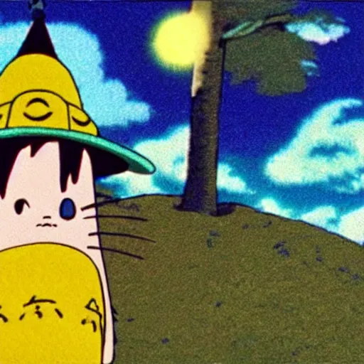 Image similar to a wizard wearing a blue wizard hat with yellow stars on it, from my neighbor totoro ( 1 9 9 3 ) by studio ghibli