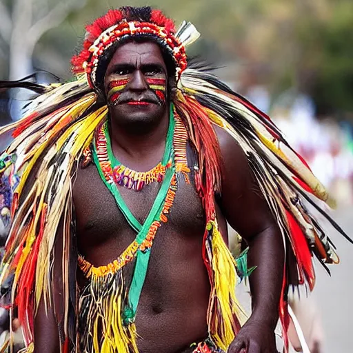 Image similar to australian aborigine parading in a fashion catwalk.