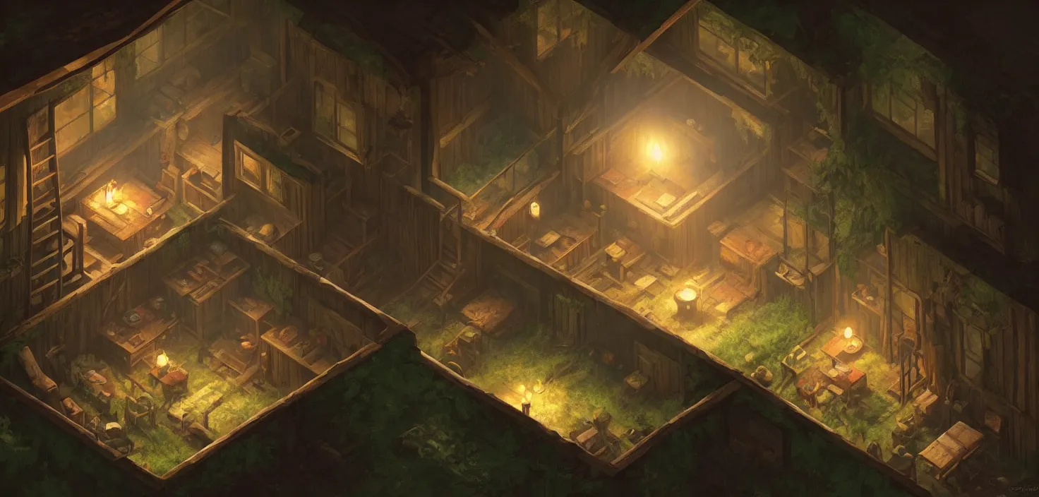 Image similar to concept art of an inside of a cabin in the woods, isometric view, detailed, volumetric lighting, style of greg rutkowski