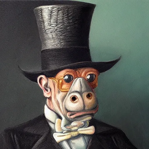 Prompt: “a crocodile wearing a top hat and monocle, dapper, highly detailed, oil on canvas”