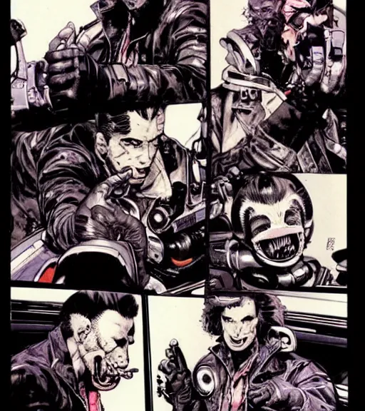 Image similar to a rockabilly biker encounters his first cute space alien creature, comic book art, by yoji shinkawa and takehiko inoue and kim jung gi, masterpiece, perfect