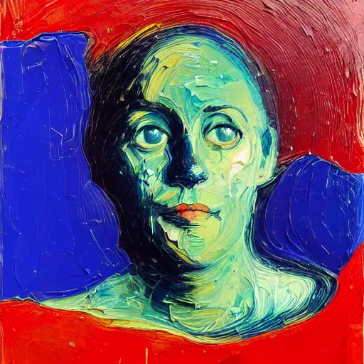 Image similar to oil paint impasto relief, portrait of woman's face, deep under water, lots blue colours, lit from above, looking up, air bubbles, multi layered thick brush marks, some splattered paint, in the style frank auerbach and magritte