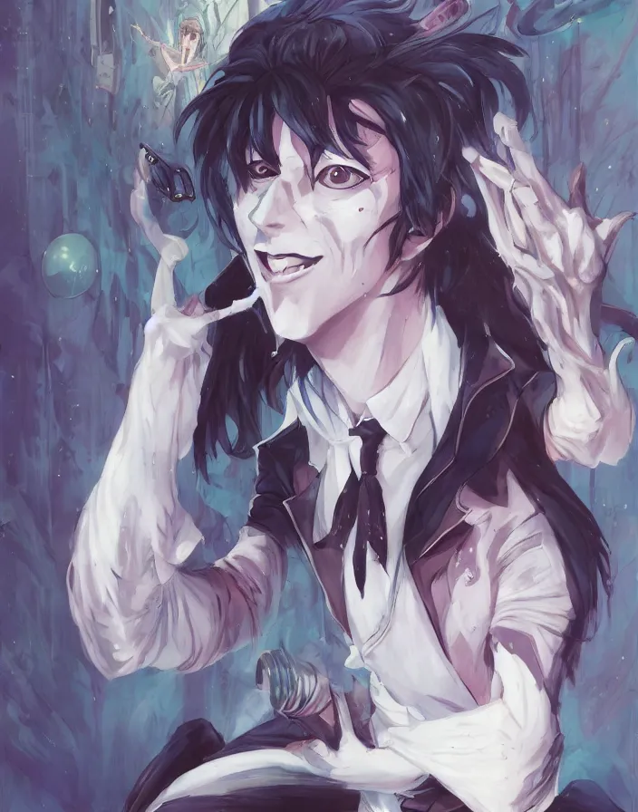 Image similar to anime portrait of beetlejuice by Stanley Artgerm Lau, WLOP, Rossdraws, James Jean, Andrei Riabovitchev, Marc Simonetti, and Sakimichan, trending on artstation