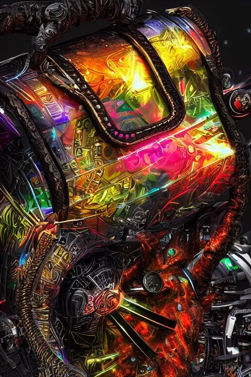 Image similar to photo of a luxury handbag, band merchandise, bandname is tripmachine, tourname is invasion of the tripmachines, realistic digital art, hanbag is textured with a 3 d render of a huge futuristic steampunk generator, 8 k, fluorescent colors, halluzinogenic, multicolored, exaggerated detailed, unreal engine