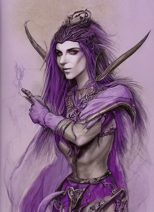 Image similar to portrait of young female prophetess of the endtimes, transluscent skin, silver filigreed armor, lavender hair, beautiful! coherent! dungeons and dragons character, by brian froud, strong line, cool night color, high contrast