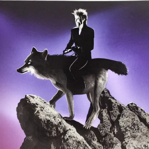 Prompt: david bowie riding a wolf forest ((over a rock)), dark lighting