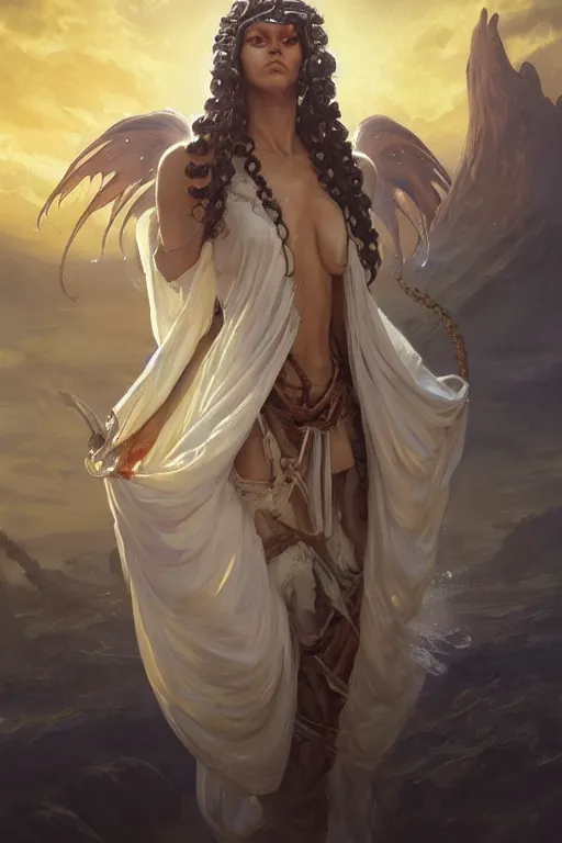 Prompt: a holy cephalopod with long powerful tentacles and a single large eye, broad angel wings wearing long white robe, highly detailed, digital painting, artstation, concept art, matte, sharp focus, illustration, dramatic, sunset,hearthstone, art by Artgerm and Greg Rutkowski and Alphonse Mucha