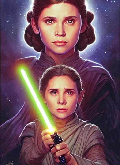 Prompt: young leia organa jedi holding a lightsaber highly detailed, deep focus, intricate, by magali villeneuve, greg rutkowski, and monet