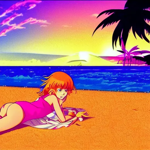 Image similar to girl laying in the sand next to ocean in sunset, sprite, vaporwave nostalgia, directed by beat takeshi, visual novel cg, 8 0 s anime vibe, kimagure orange road, maison ikkoku, initial d, sketch by osamu tezuka, directed by hideki anno, wallpaper, ultra hd, vlc screenshot