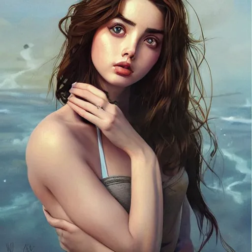 Image similar to a beautiful scenic painting of a beautiful young woman that looks like ana de armas by artgerm and wlop and wes anderson and spike jonze