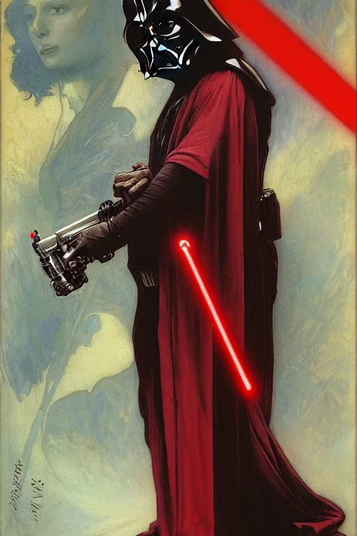 Image similar to darth vader holding a red lightsaber by Alfons Mucha by William Adolphe Bouguereau