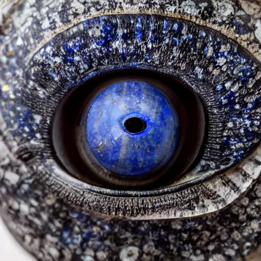 Prompt: medium - shot museum photo of sculpture of a stone eye, thick lapis lazuli, the white limestone sclera, the black stone pupil, studio lighting, professional, promo,