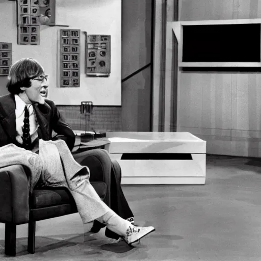 Prompt: on the full color tv set of ed sullivan, john lennon is guest starring as the host, 7 0 s color grade