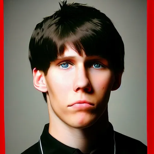 Prompt: A colored colorized real high school photograph portrait of Jerma as a teenager with an medium length emo haircut and black shirt and acne, emo hairstyle with acne, embarrassing, taken in the mid 2000s, taken on a 2000s Camera, realistic, hyperrealistic, very realistic, very very realistic, highly detailed, very detailed, extremely detailed, detailed, digital art, trending on artstation, headshot and bodyshot, detailed face, very detailed face, very detailed face, real, real world, in real life, realism, HD Quality, 8k resolution, intricate details, colorized photograph, colorized photon, body and headshot, body and head in view