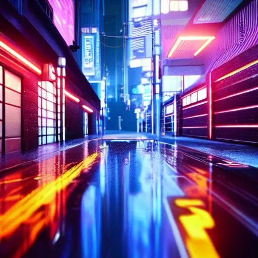 Image similar to still photo of rain puddles and neon light reflections in a cyberpunk city, highly detailed, photorealistic shot, bright studio setting, studio lighting, crisp quality and light reflections, unreal engine 5 quality render