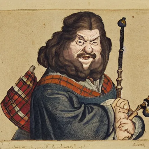 Image similar to a realistic 1 7 th century portrait of harry, a man with scottish features and exceptionally large bagpipes wearing quilts and wielding a wand. very pale, with a large pointy nose. hagrid in the background and hedwig on his shoulder