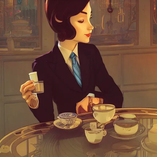 Image similar to a weasel in a suit was drinking tea, surrounded by tea houses ambient lighting, 4 k, lois van baarle, ilya kuvshinov, rossdraws, alphonse mucha, jung gi kim, artstation