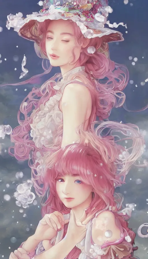 Image similar to portrait of kirisame marisa, touhou, dreamy and ethereal, expressive pose, big pink eyes, peaceful expression, ornate frilly dress, fantasy, intricate, elegant, many rainbow bubbles, rose tones, highly detailed, digital painting, artstation, concept art, smooth, sharp focus, illustration, art by artgerm and greg rutkowski and alphonse mucha