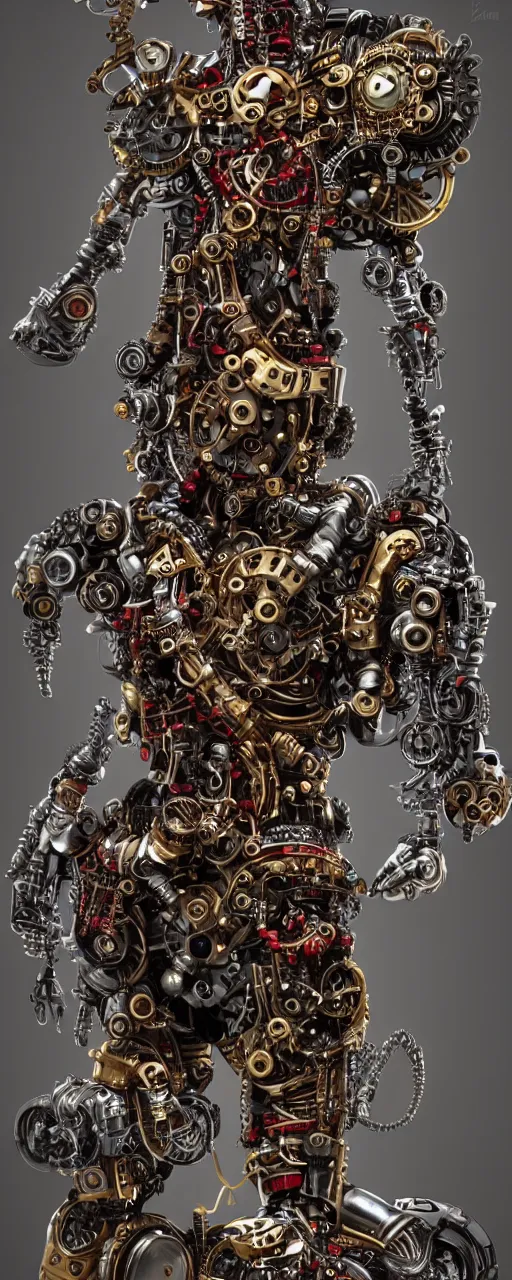 Prompt: full body portrait of a steampunk sci-fi cyborg pirate bionic man, third person, D&D, sci-fi fantasy, cogs and springs and jewels, intricate, gold with black and red fringe highlights, highly detailed, art by Range Murata, highly detailed, 3d, octane render, bright colors, digital painting, trending on artstation, sharp focus, illustration style of Stanley Artgerm, dramatic cinematic background