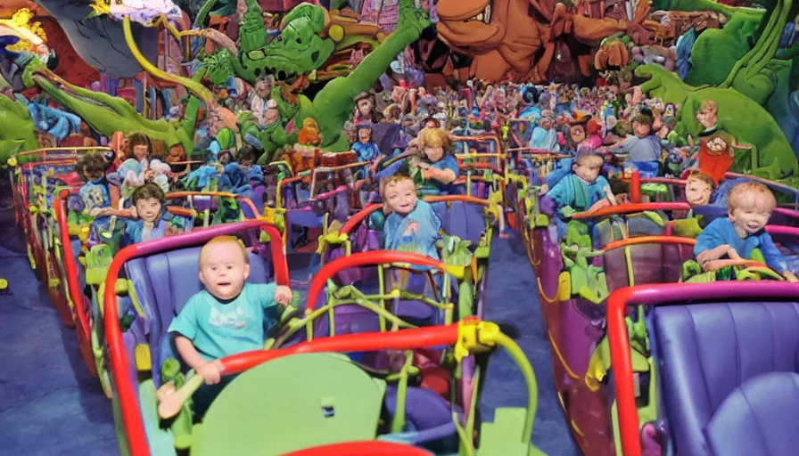 Prompt: 1990s photo of inside the Rugrats show ride at Universal Studios in Orlando, Florida, children riding in baby walkers battling Reptar, cinematic, UHD