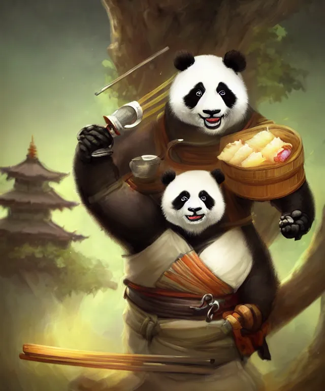 Image similar to a portrait an anthropomorphic panda samurai eating sushi, landscape in background, cute and adorable, dnd character art portrait, well rendered matte fantasy painting, deviantart artstation, by jason felix by steve argyle by tyler jacobson by peter mohrbacher, cinematic lighting