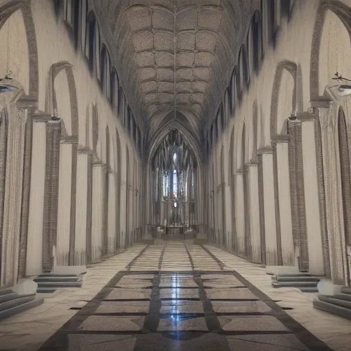 Image similar to a cathedral for the god of symmetry, inside view, giant hall, floor is a mirror, highly detailed, photorealistic Octane render, dramatic