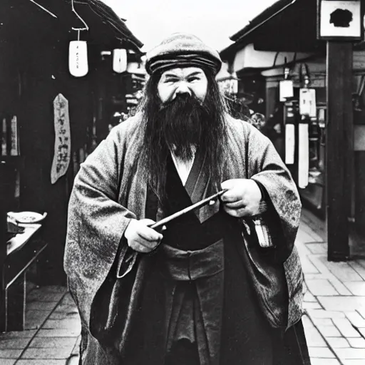 Image similar to Portrait of Hagrid as a 19th century Japanese trader at a Kyoto street market, 1900s photography style