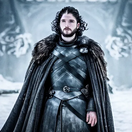 Prompt: Jon Snow as a White Walker, cinematic, wide shot, dramatic lighting, hyperrealistic, in the style of 'Game of Thrones'
