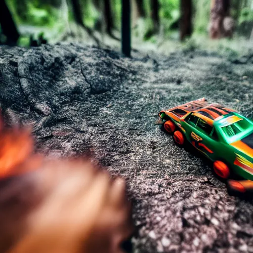 Image similar to macro photography of a toy hot wheels car driving through a forest fire, 3 5 mm